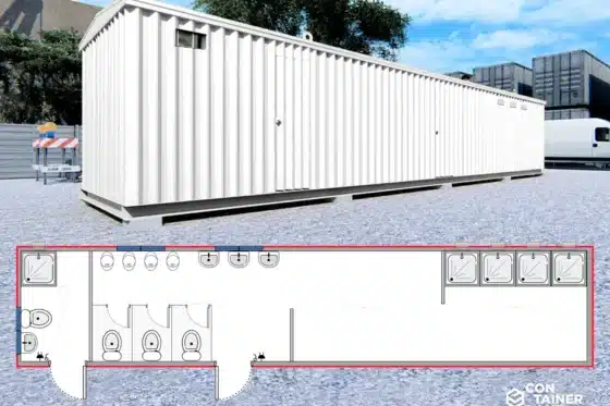 Sanitario 30 m2   |   12 x 2,5 mts  ·  4 Lavamanos, 4 WC, 4 Duchas y 4 Urinarios