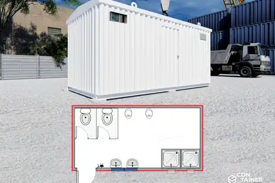 Sanitario 12,5 m2   |   5 x 2,5 mts  ·  2 Lavamanos, 2 WC, 2 Duchas y 2 Urinarios