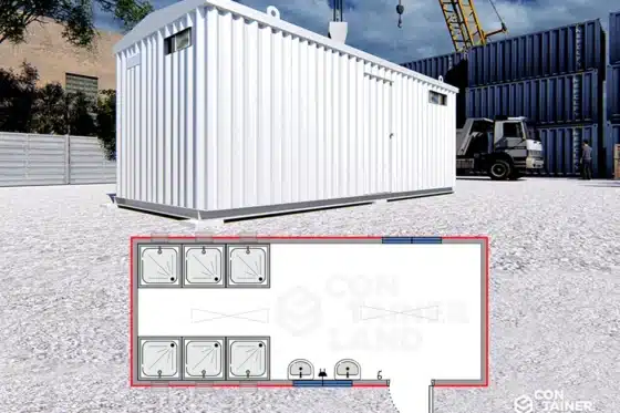Sanitario 15 m2   |   6 x 2,5 mts  ·  2 Lavamanos y 6 Duchas