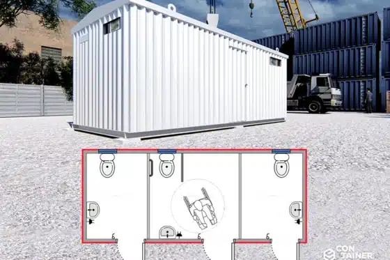 Sanitario 15 m2   |   6 x 2,5 mts  ·  3 Lavamanos, 2 WC y 1 WC Universal