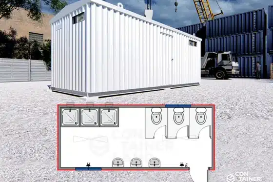 Sanitario 15 m2   |   6 x 2,5 mts  ·  3 Lavamanos, 3 WC y 3 Duchas